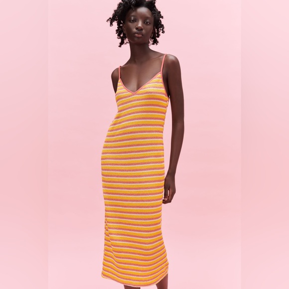 ✨NWT Zara Orange Yellow Striped Jacquard Crochet Knit Midi Dress Size Large - Picture 7 of 12